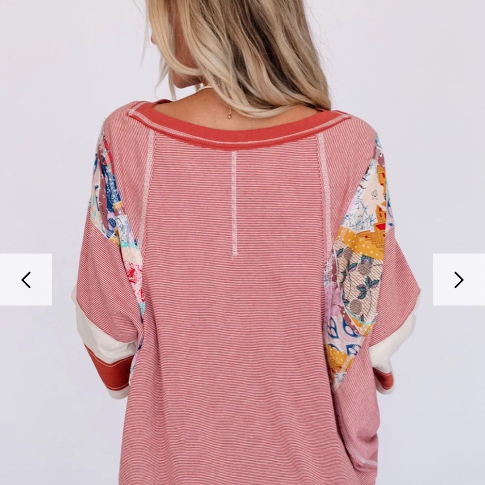 Easel Striped Floral Multicolor Patchwork Top Med… - image 2